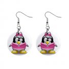 Cartoon Pink Girl Penguin Dangle Button Earrings Jewelry 1 inch Round 30607376