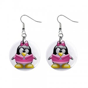 Cartoon Pink Girl Penguin Dangle Button Earrings Jewelry 1 inch Round 30607376