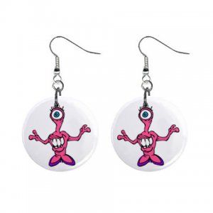 Cartoon Pink Alien Dangle Button Earrings Jewelry 1 inch Round 12794641