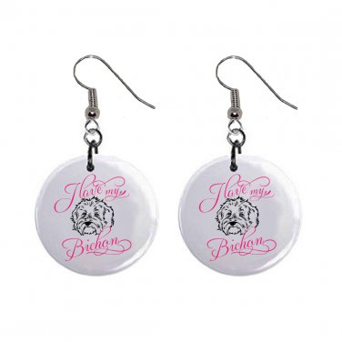 I Love My Bichon Frisa Dog Pet Dangle Earrings Jewelry 1 inch Buttons