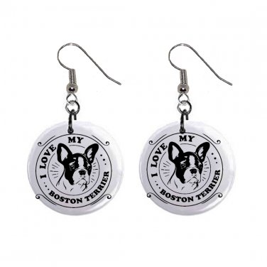 I Love My Boston Terrier Dog Pet Dangle Earrings Jewelry 1 inch Buttons