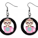Cute Sloth in Coffee Latte Cup 1" Round Button Dangle Earrings Jewelry