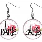 Pink Paris French Eiffel Tower & Rose 1" Round Button Dangle Earrings Jewelry