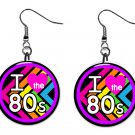 Retro I Love the 80's Neon 1" Round Button Dangle Earrings Jewelry