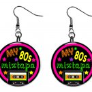 Retro I Love the 80's Mixtapes Neon 1" Round Button Dangle Earrings Jewelry