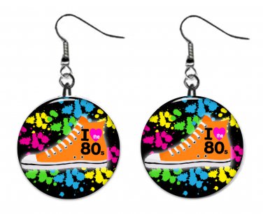Retro 80's Hightop Tennis Shoes Neon 1" Round Button Dangle Earrings Jewelry