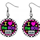 Retro 80's Cassette Tape Neon 1" Round Button Dangle Earrings Jewelry