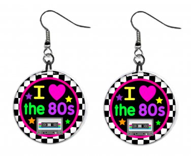 Retro 80's Cassette Tape Neon 1" Round Button Dangle Earrings Jewelry