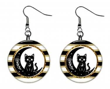 Black Cat, Celestial, Moon, Sun, Stars Fantasy 1" Round Button Dangle Earrings Jewelry