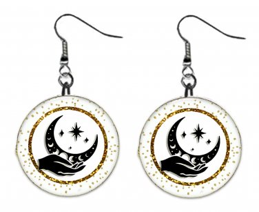 Celestial, Moon, Sun, Stars Fantasy 1" Round Button Dangle Earrings Jewelry