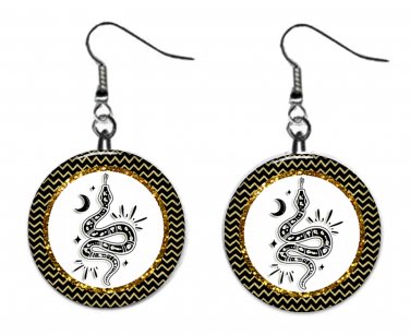 Celestial, Snake, Moon, Sun, Stars Fantasy 1" Round Button Dangle Earrings Jewelry