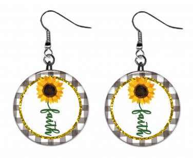 Sunflower & Faith Religious Inspiration 1" Round Button Dangle Earrings Jewelry