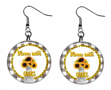 Sunflower & Faith Religious Inspiration 1" Round Button Dangle Earrings Jewelry