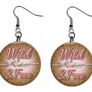 Wild and Free Western, Ranch, Rodeo 1" Round Button Dangle Earrings Jewelry