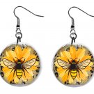 Honey Bee Bumble Bee, Sunflower 1" Round Button Dangle Earrings Jewelry