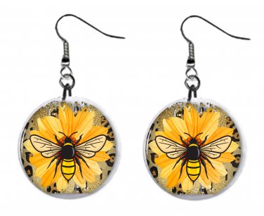 Honey Bee Bumble Bee, Sunflower 1" Round Button Dangle Earrings Jewelry