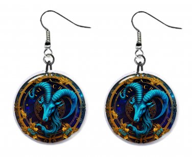 Capricorn Zodiac Horoscope 1" Round Button Dangle Earrings Jewelry