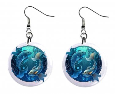 Pisces Zodiac Horoscope 1" Round Button Dangle Earrings Jewelry