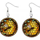 Bumble Bee Stained Glass 1" Round Button Dangle Earrings Jewelry