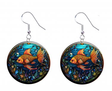 Goldfish PRINTED Stained Glass LOOK 1" Round Button Dangle Earrings Jewelry