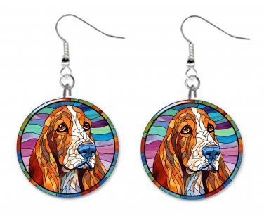 Hound Dog Pet PRINTED Stained Glass LOOK 1" Round Button Dangle Earrings Jewelry