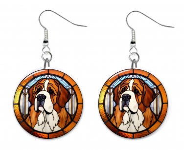 St Bernard Dog Pet PRINTED Stained Glass LOOK 1" Round Button Dangle Earrings Jewelry