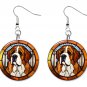 St Bernard Dog Pet PRINTED Stained Glass LOOK 1" Round Button Dangle Earrings Jewelry