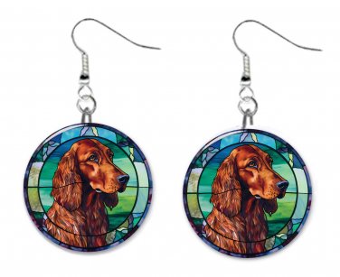 Irish Setter Dog Pet PRINTED Stained Glass LOOK 1" Round Button Dangle Earrings Jewelry