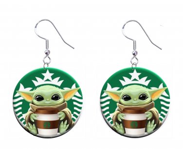 Cartoon, Coffee 1" Round Button Dangle Earrings Jewelry Baby Yoda, Star Wars, Starbucks Coffee