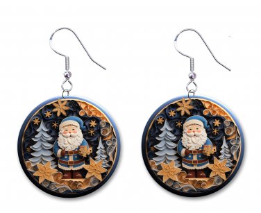 Winter Christmas 3D Santa 1" Round Button Dangle Earrings Jewelry