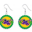 Mardi Gras Double Mask, Fat Tuesday 1" Round Button Dangle Earrings Jewelry