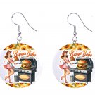 Retro Pinup Girl Burger Babe Cartoon 1" Round Button Dangle Earrings Jewelry