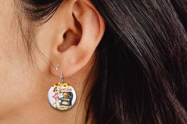 Retro Pinup Girl, Burger Babe Design Jewelry Metal Button Novelty Earrings