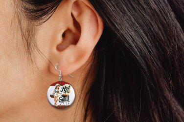Retro Pinup Girl Hot Off the Grill Design Jewelry Metal Button Novelty Earrings