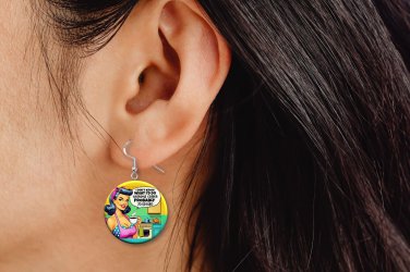 Funny Retro Pinup Girl, Coffee Design Jewelry Metal Button Novelty Earrings