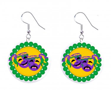 Mardi Gras Double Masks Button Earrings Jewelry 1" Dangle MADE IN USA - NEW