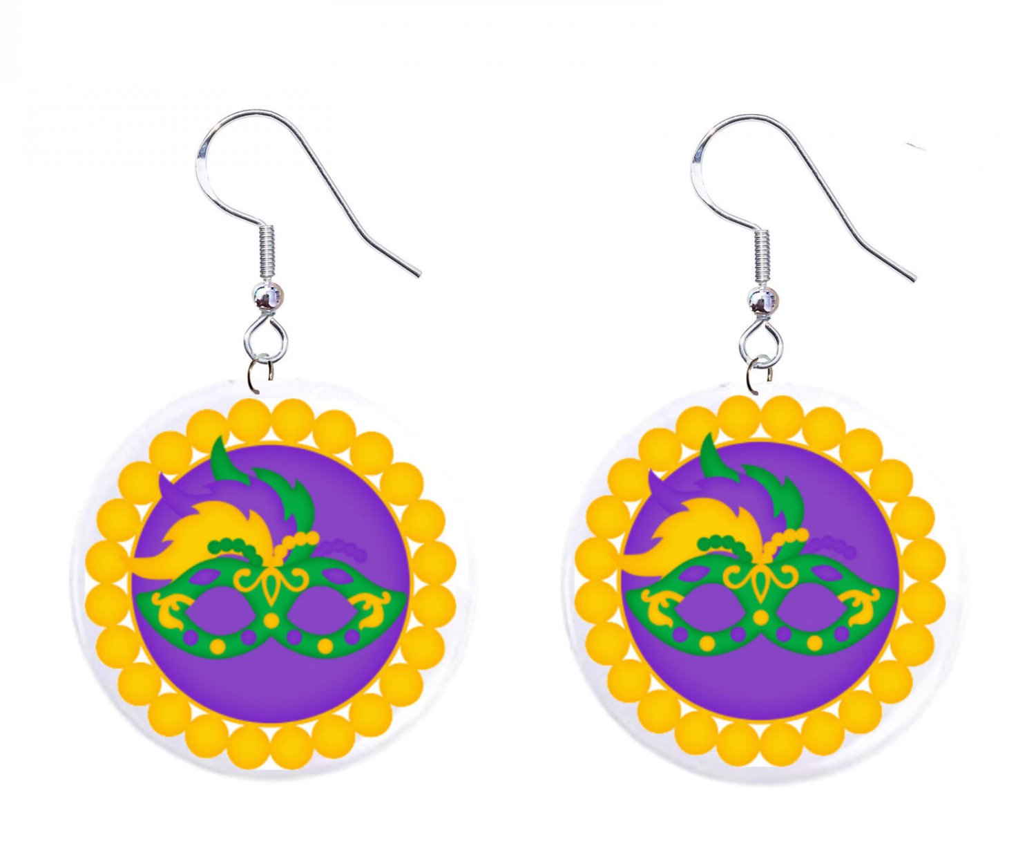 Mardi Gras Masks Fat Tuesday Button Earrings Jewelry 1" Dangle MADE IN USA - NEW
