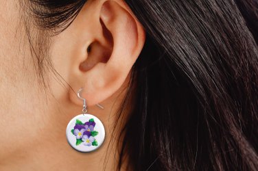 Pansy Purple Flowers Button Earrings Jewelry 1" Dangle MADE IN USA - NEW