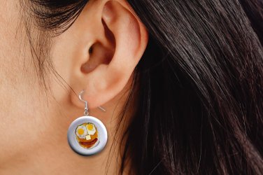 Pancakes, Eggs Face Diner Button Earrings Jewelry 1" Dangle MADE IN USA - NEW