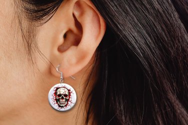 3D LOOKING Skull Skeleton Button Earrings Jewelry 1" Dangle MADE IN USA - NEW