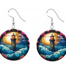 Stain Glass Printed Lighthouse Button Earrings Jewelry 1" Dangle, MADE IN USA