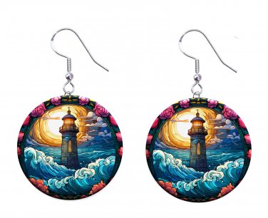 Stain Glass Printed Lighthouse Button Earrings Jewelry 1" Dangle, MADE IN USA