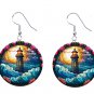 Stain Glass Printed Lighthouse Button Earrings Jewelry 1" Dangle, MADE IN USA