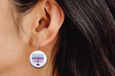 Menorah Hanukkah Jewish Button Earrings Jewelry 1" Dangle MADE IN USA - NEW