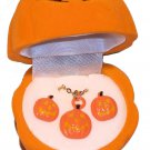 Halloween Pumpkin Jack O Lantern Necklace& Earring Set in Pumpkin Velour Box NEW
