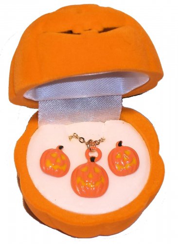 Halloween Pumpkin Jack O Lantern Necklace& Earring Set in Pumpkin Velour Box NEW