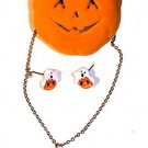 Halloween Ghosts Necklace & Earring Set in Pumpkin Velour Gift Box Fashion NEW