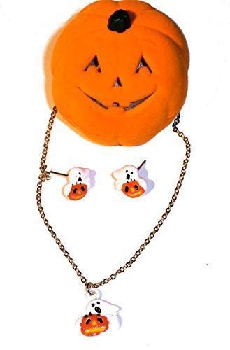 Halloween Ghosts Necklace & Earring Set in Pumpkin Velour Gift Box Fashion NEW