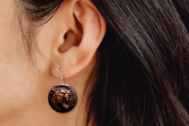 Faux Tool Leather Bear 3D Look Button Earrings Jewelry 1" Dangle MADE IN USA