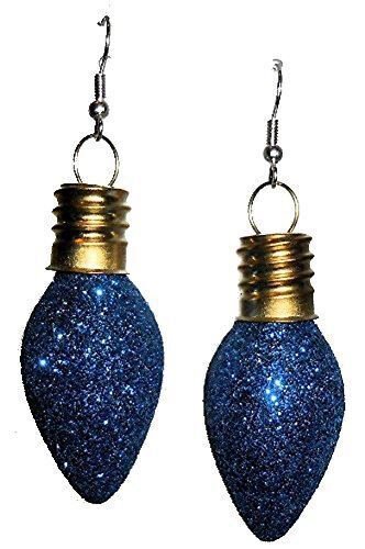 Blue Glitter Christmas Light Bulb Dangle Pierced Earrings Fashion Novelty Jewelr